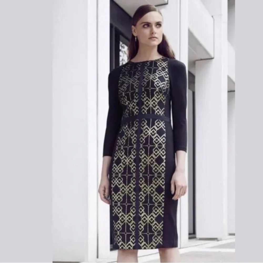 Ted Baker Dresses | Ted Baker Black Mikha Metallic Jacquard Panel Midi - Picture 1 of 8